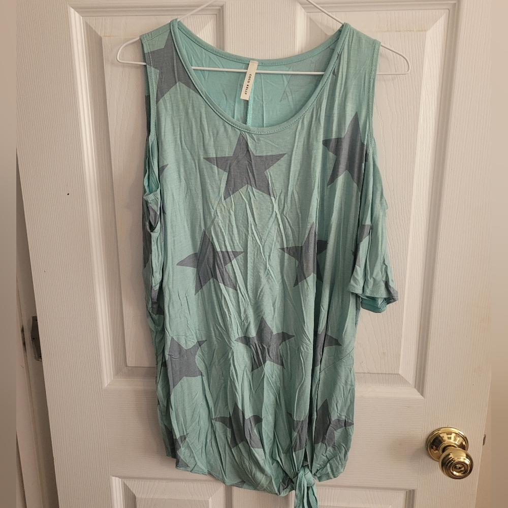 Coco Kelly Teal Blue Star Cold Shoulder Blouse Top